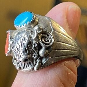 Sterling Silver Turquoise Bison Head Ring DL Southwestern Western Vintage Style